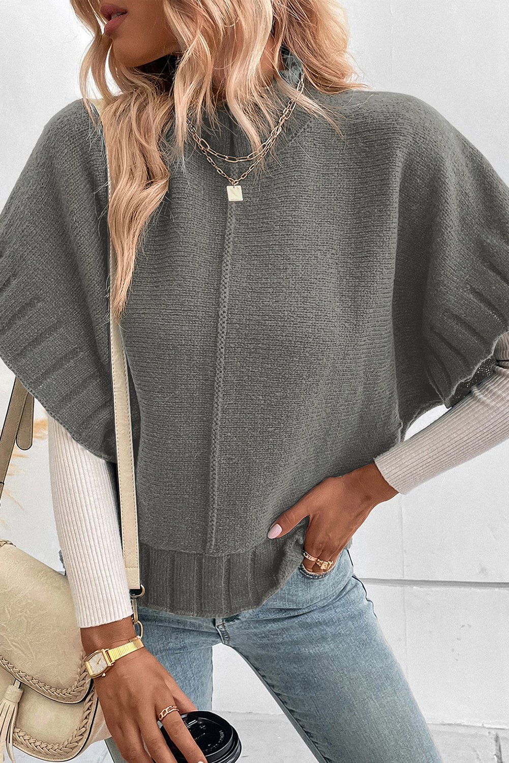 Mock Neck Batwing Short Sleeve Knit Sweater | Medium Grey