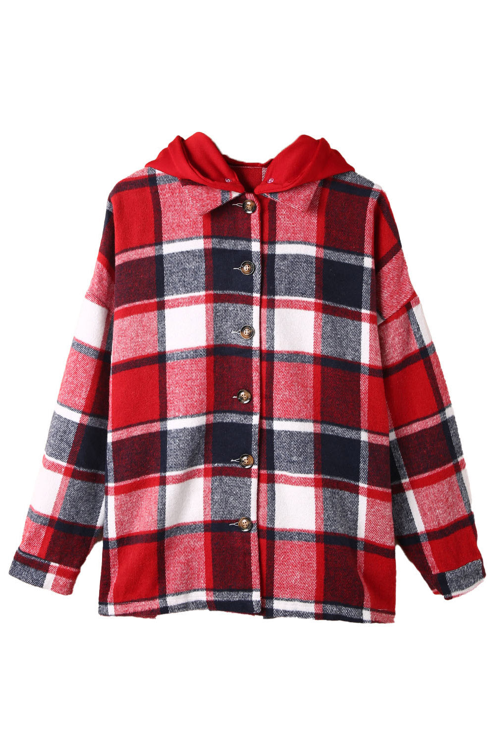 Fiery  Hooded Plaid Button Front Shacket | Red