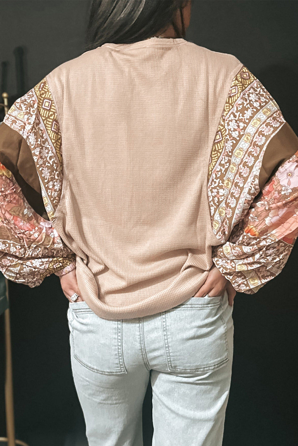 Contrast Floral Patchwork Puff Sleeve Waffle Knit Top | Parchment