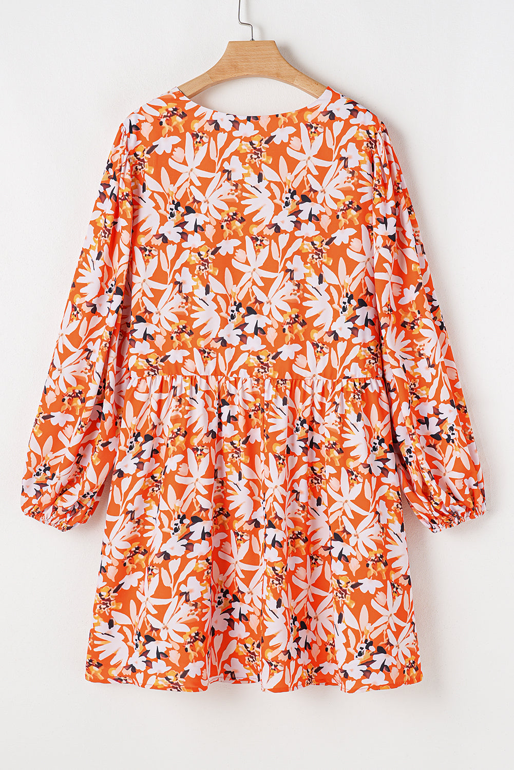 Floral Print Split V Neck Bubble Sleeve Plus Size Midi Dress | Orange