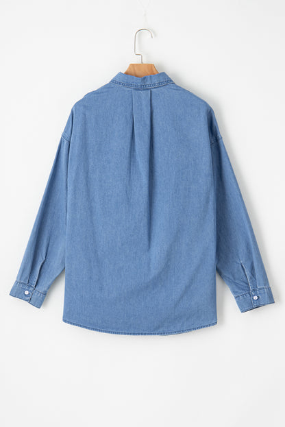 Solid Colour Oversized Patched Pocket Buttoned Shirt | Beau Blue