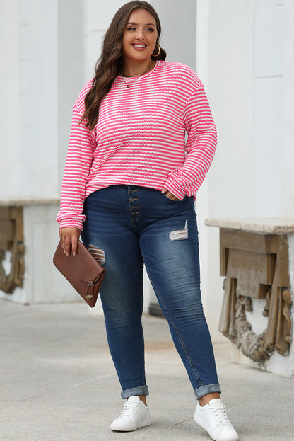 Round Neck Drop Shoulder Long Sleeve Top | Rose Stripe