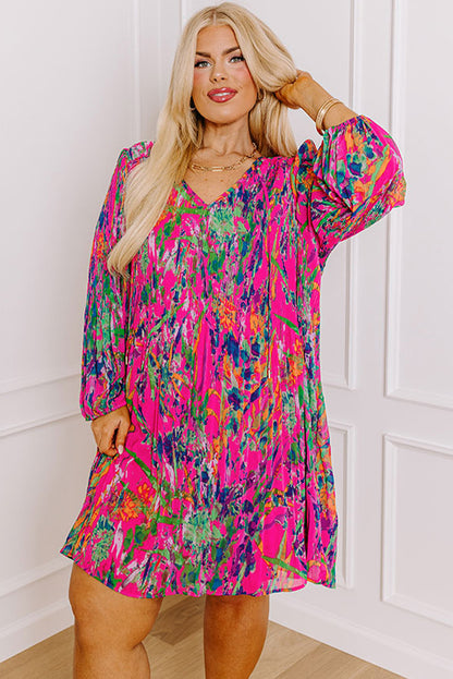 Plus Size Abstract Floral Print Pleated Loose Dress | Rose