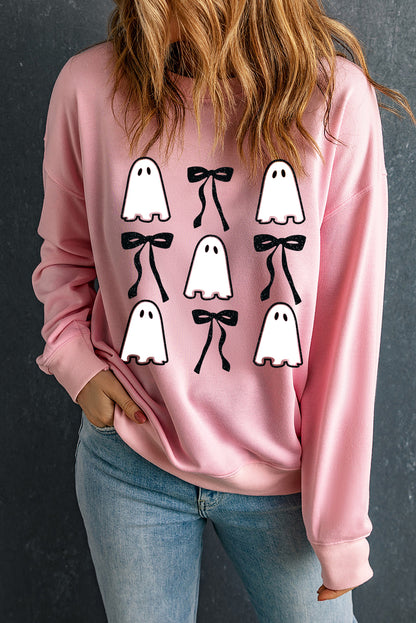 Ghost Bowknot Printed Drop Shoulder Halloween Sweatshirt | Pink