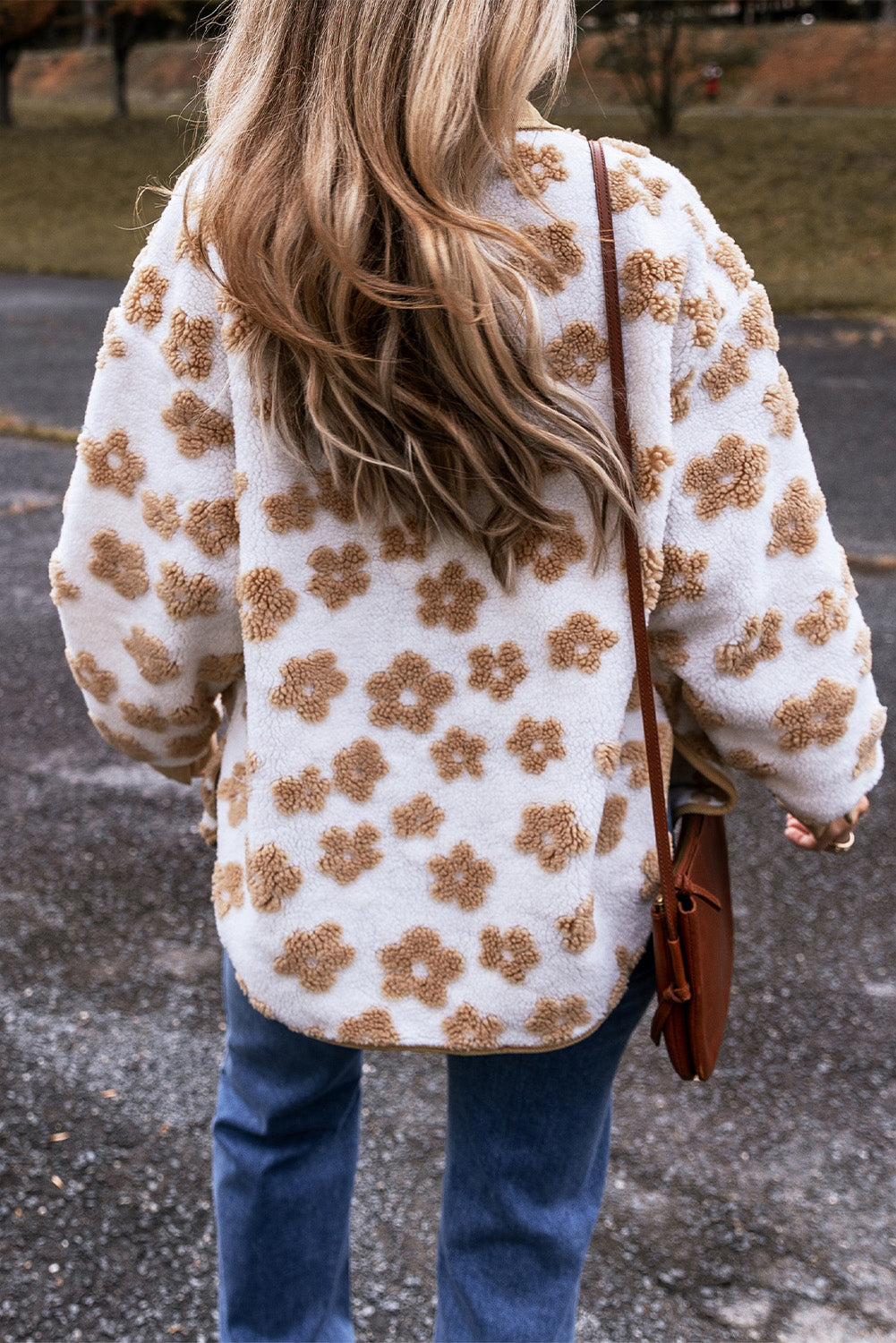 Cute Flower Pattern Button Up Fleece Jacket | Light French Beige