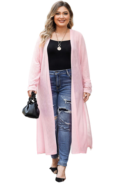 Sheer Knitted Long Side Slit Plus Size Cardigan | Pink