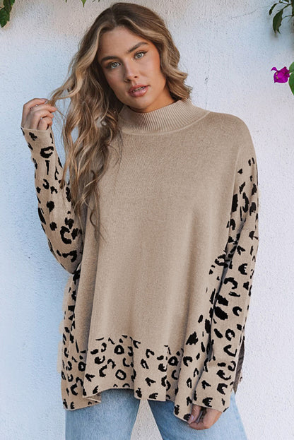 Leopard High Neck Side Slit Oversized Sweater | Khaki