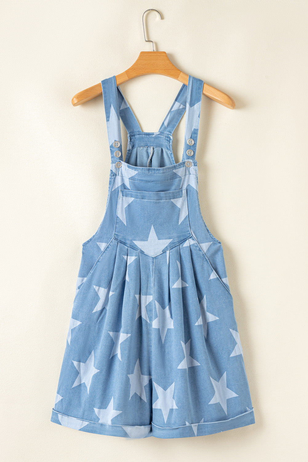 Star Printed Buttoned Straps Pocketed Denim Romper | Light Blue