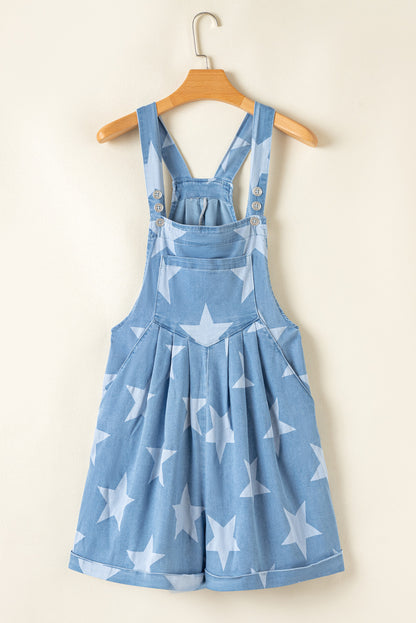 Star Printed Buttoned Straps Pocketed Denim Romper | Light Blue