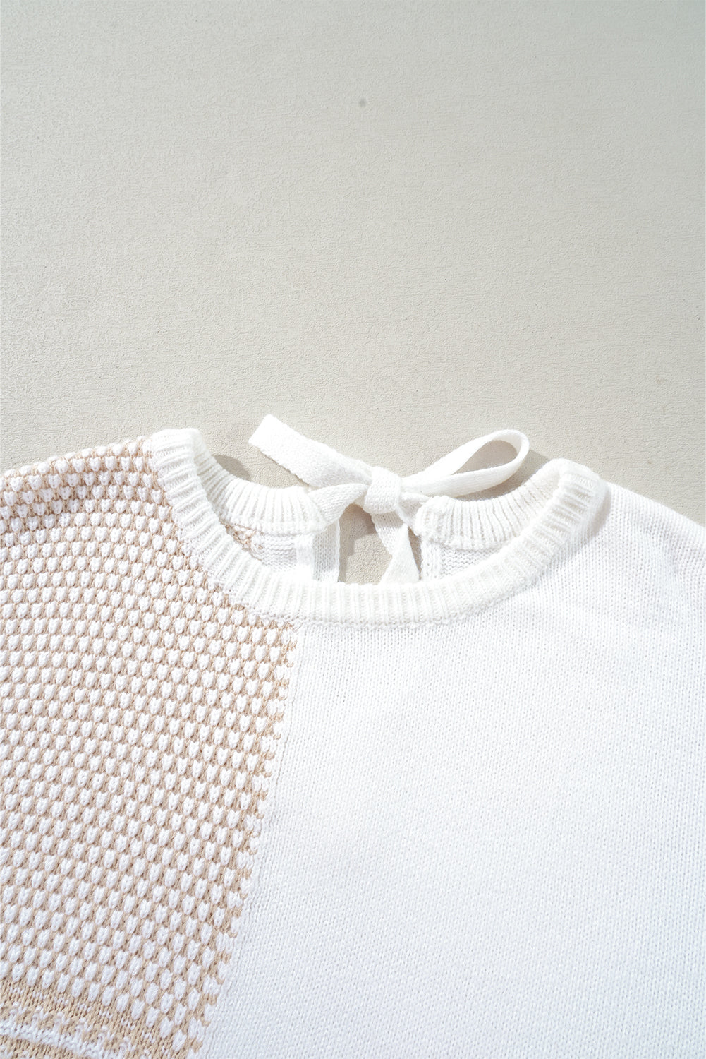 Mixed Pattern Knit Tie Keyhole Drop Shoulder Sweater | Oatmeal