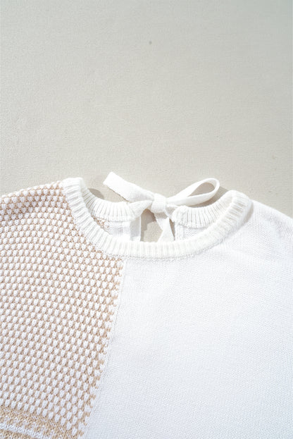 Mixed Pattern Knit Tie Keyhole Drop Shoulder Sweater | Oatmeal