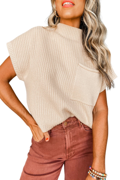 Patch Pocket Ribbed Knit Short Sleeve Sweater | Oatmeal