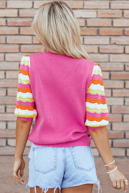 Ribbed Knit Contrast Sleeve Sweater Top | Pink