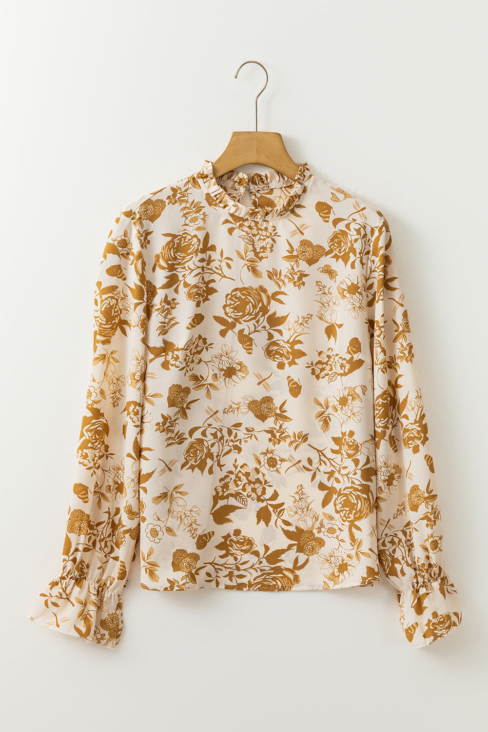 Floral Print Frilled Neckline Flounce Sleeve Blouse | White