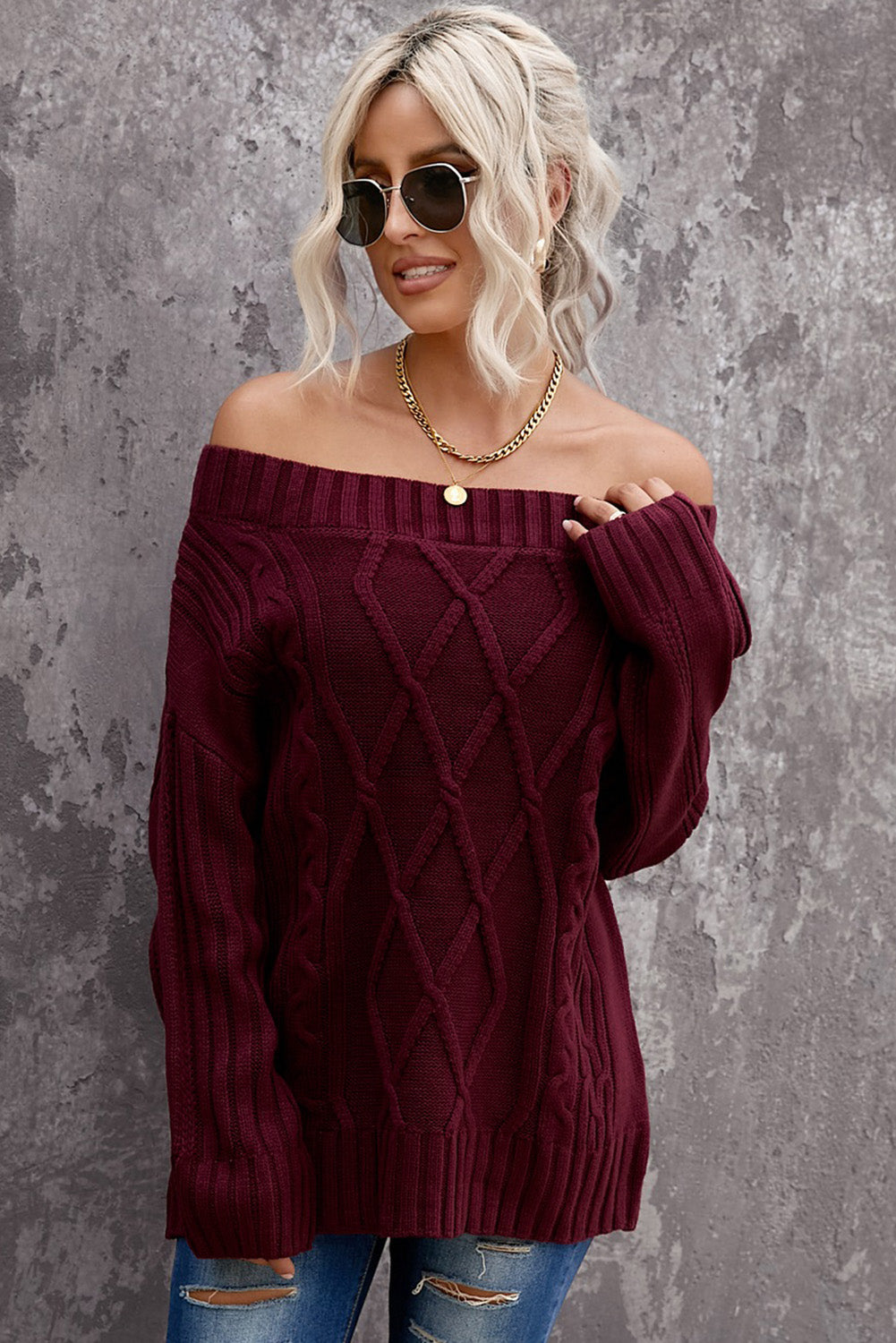 Wine Off The Shoulder Winter Sweater | Red