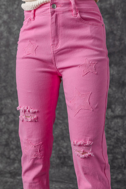 Star Shape Patchwork Mid Waist Straight Leg Jeans | Pink