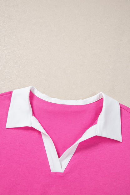 Contrast Trim Collared Split Neck Short Sleeve Plus Size Top | Pink