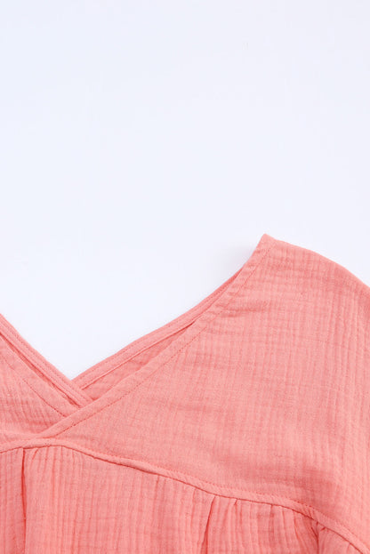 Textured V Neck Bracelet Sleeve Babydoll Blouse | Pink