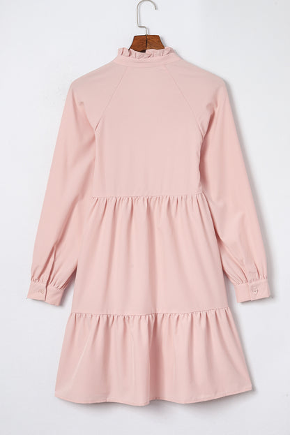 Frilled Stand Collar Long Sleeve Ruffle Dress | Pink