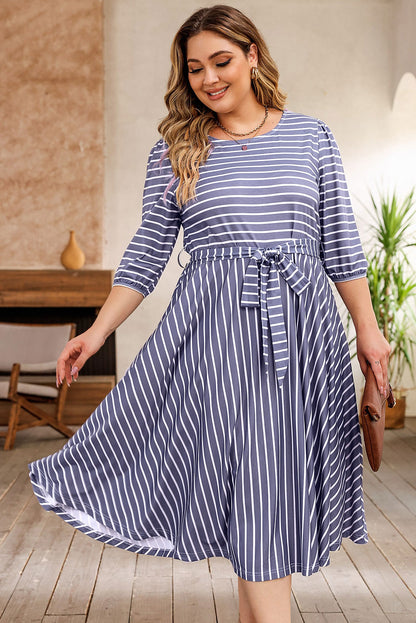 Striped Tie Waist 3/4 Sleeve Plus Size Dress | Gray