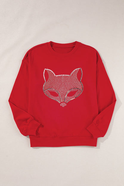 Rhinestone Fox Drop Shoulder Pullover Sweatshirt | Red