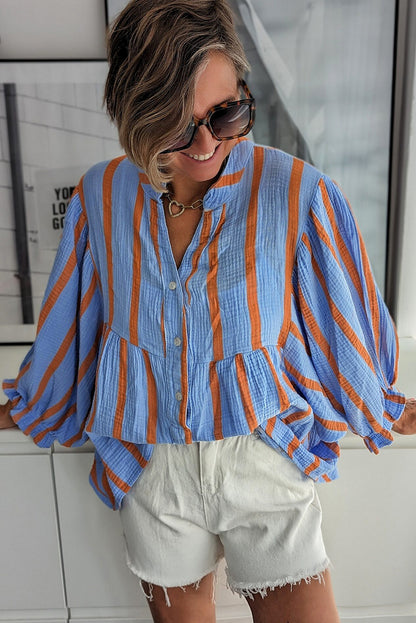 Crinckled Ruffled Sleeve Button Up Loose Shirt | Sky Blue Stripe