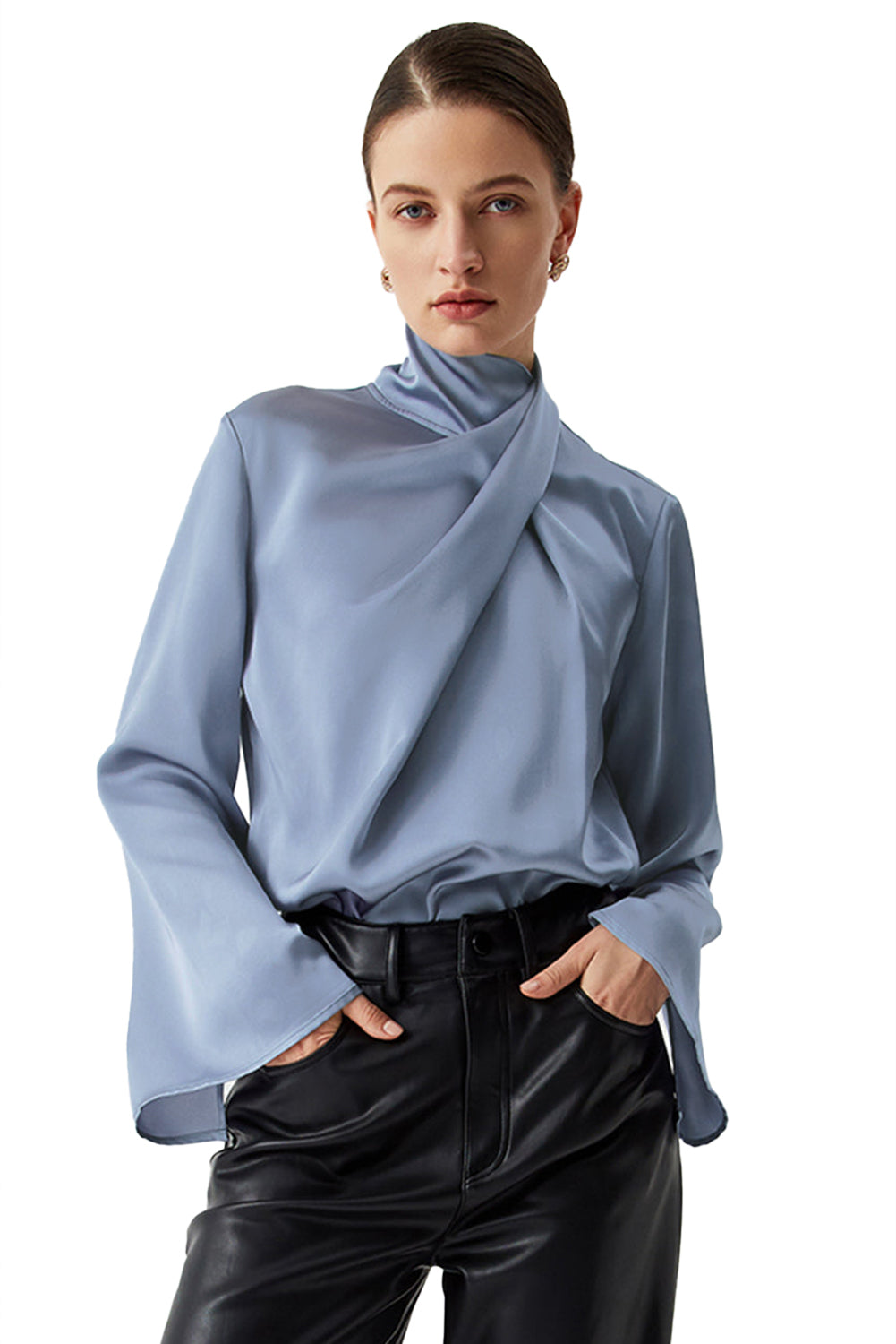 Asymmetric Pleated Turtleneck Bell Sleeve Blouse | Ivy