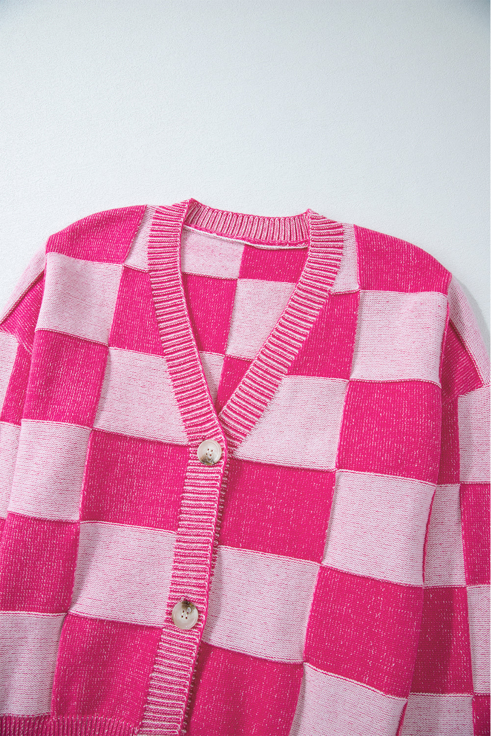 Checkered Drop Shoulder Buttoned V Neck Cardigan | Pink