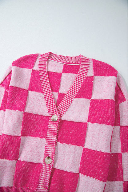 Checkered Drop Shoulder Buttoned V Neck Cardigan | Pink