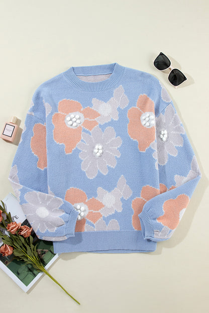 Floral O Neck Drop Shoulder Knitted Sweater | Beau Blue