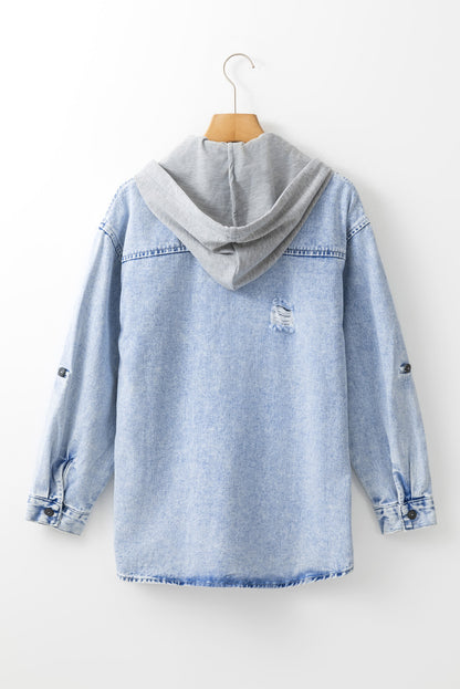 Oversized Contrast Hooded Denim Jacket | Mist Blue