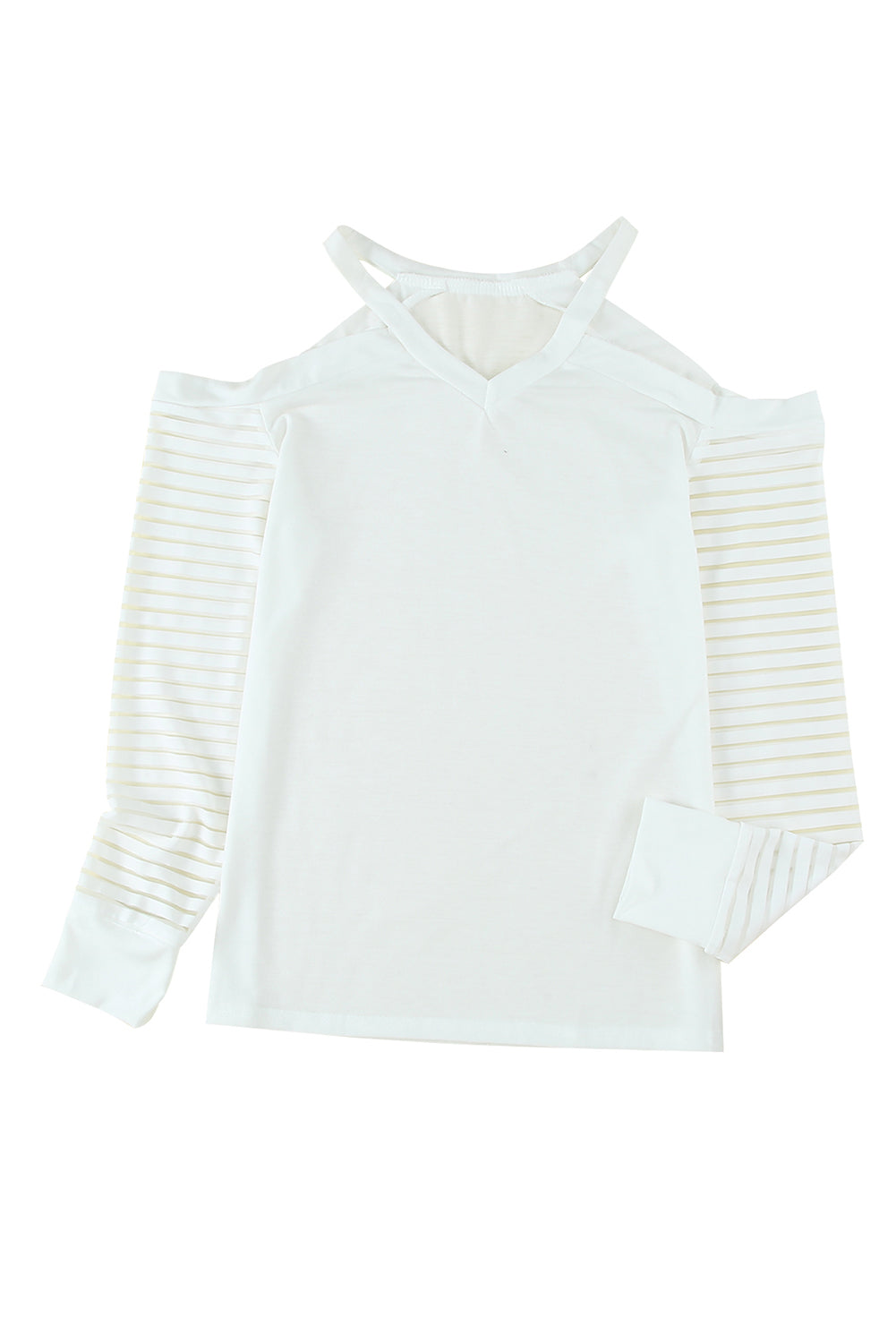 Mesh Striped Cut-Out Cold Shoulder Long Sleeve T-Shirt | White