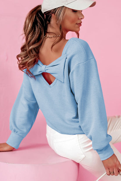 Bowknot Dewback Round Neck Sweatshirt | Sky Blue