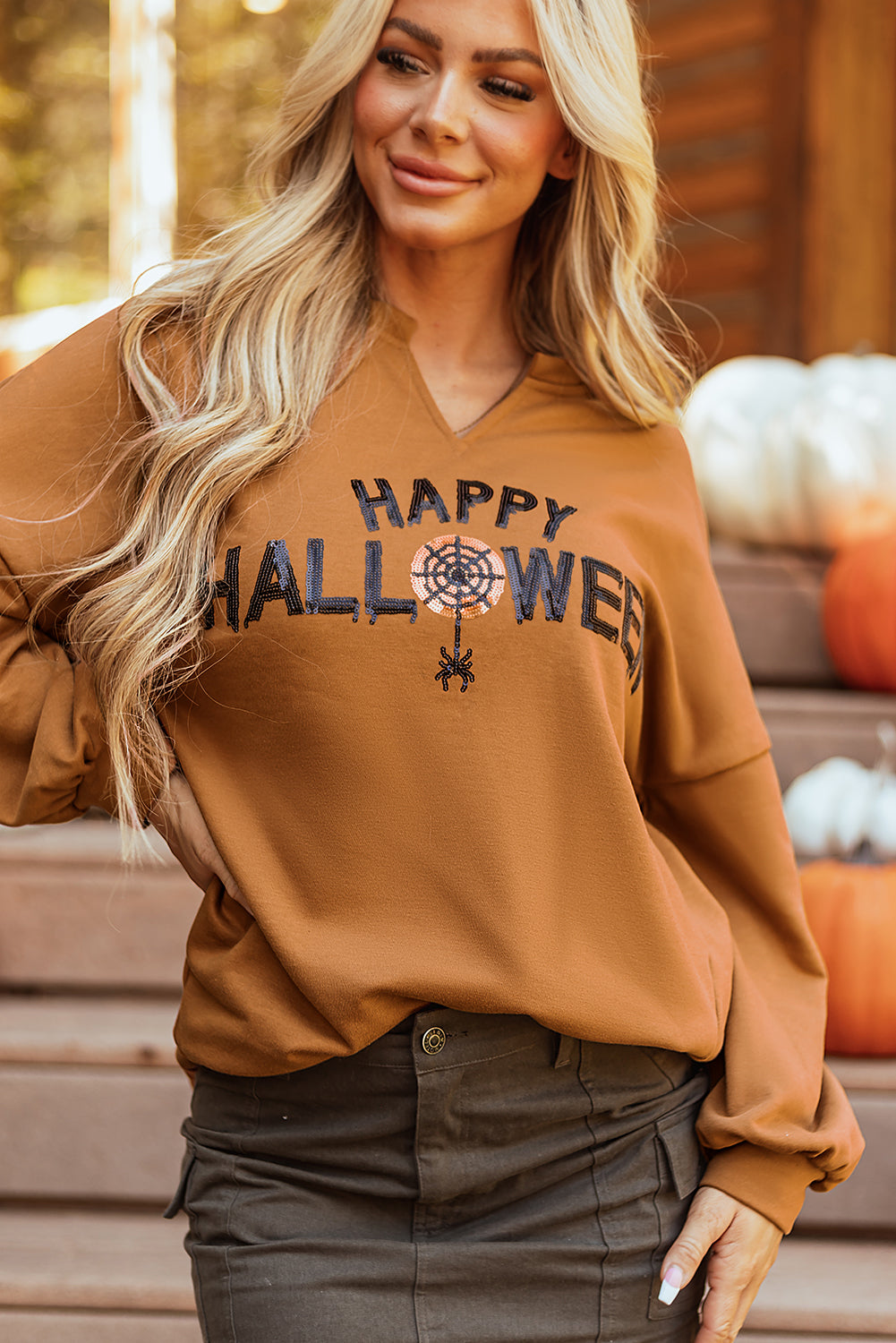 Sequin Happy Halloween Graphic Notched Neck Long Sleeve Loose Top | Chestnut