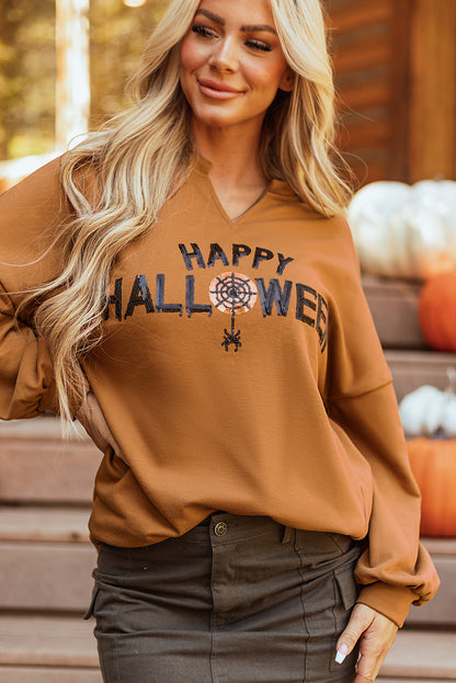 Sequin Happy Halloween Graphic Notched Neck Long Sleeve Loose Top | Chestnut