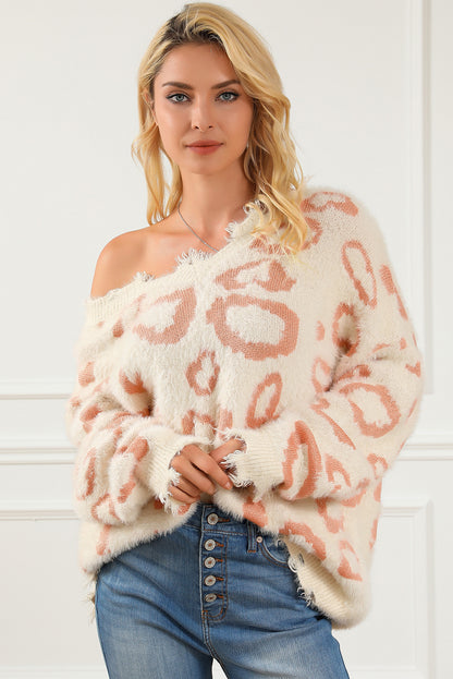 Animal Print Distressed Trim Fuzzy Sweater | Leopard