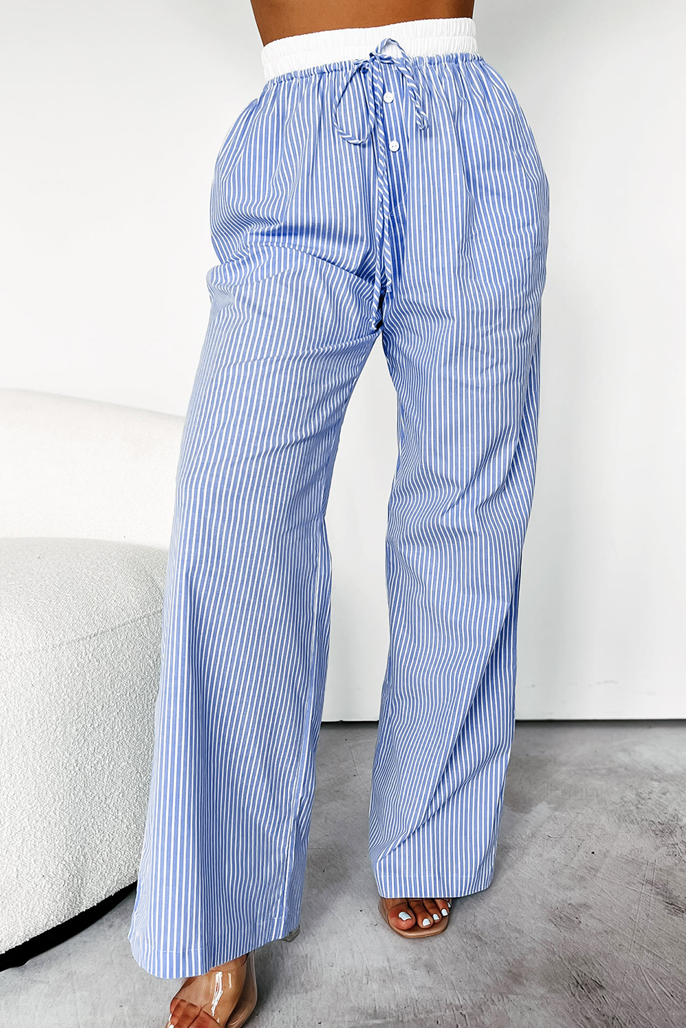 Wide Leg Buttoned Lace Up Elastic High Waist Pants | Sky Blue Stripe