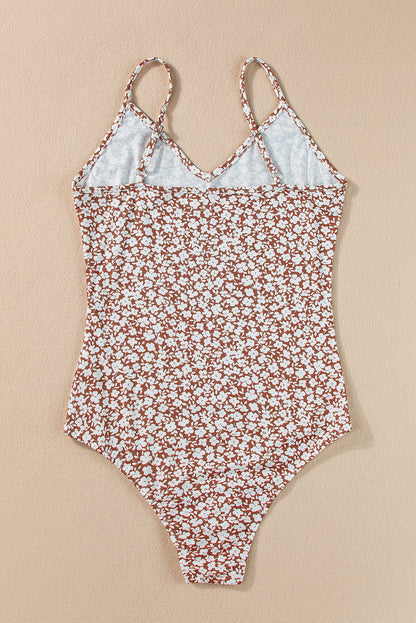 Floral Print Spaghetti Strap V Neck Bodysuit | Chestnut