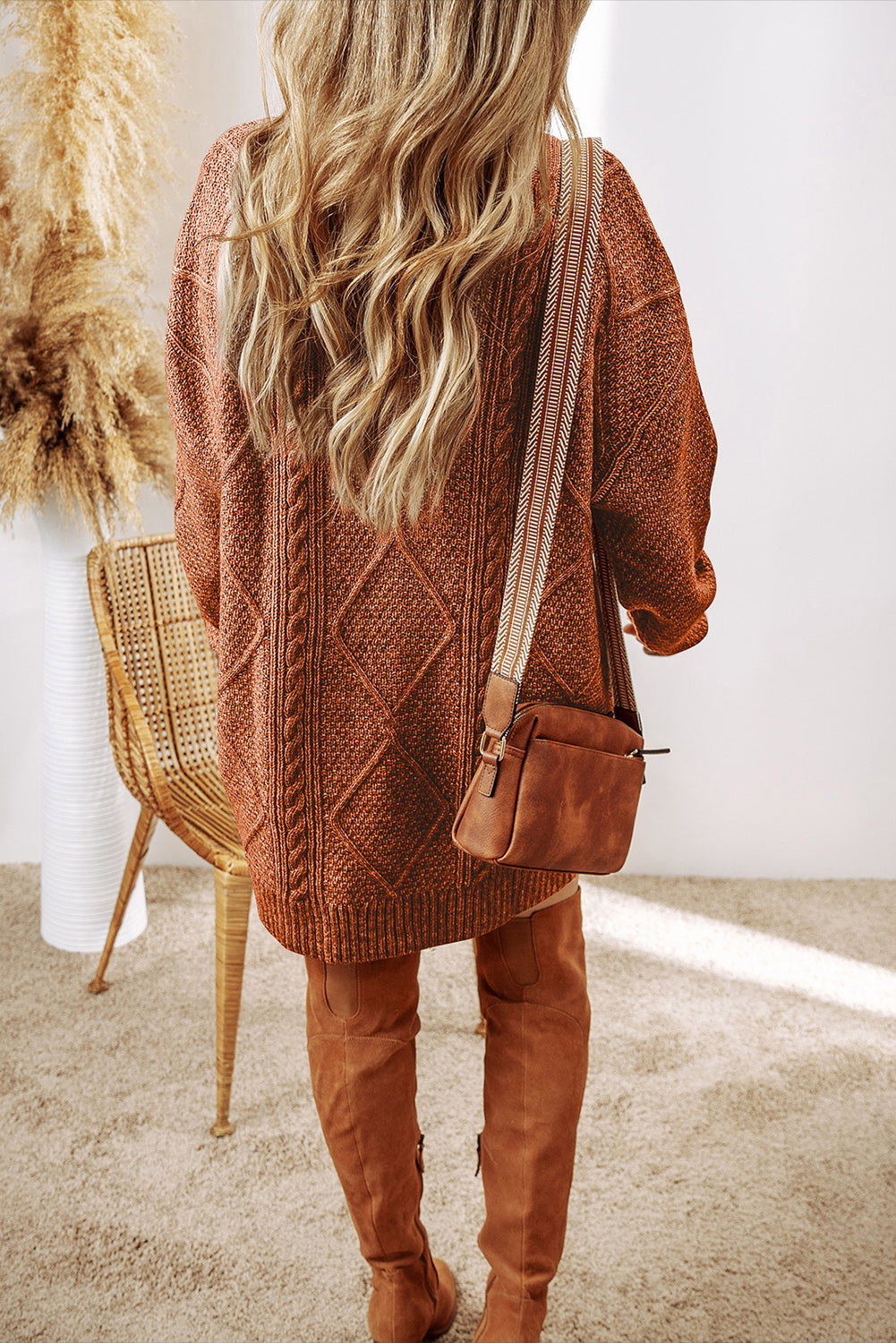 Cable Knit Drop Shoulder Loose Fit Sweater Dress | Coffee