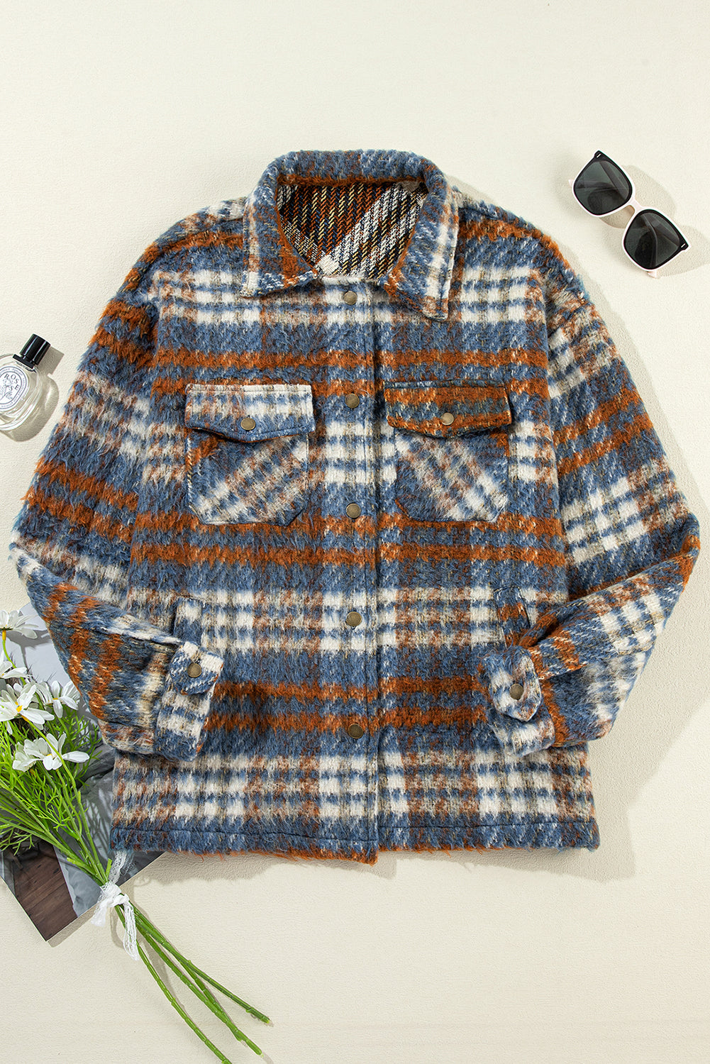 Plaid Print Chest Pockets Turn Down Collar Shacket | Cinnamon