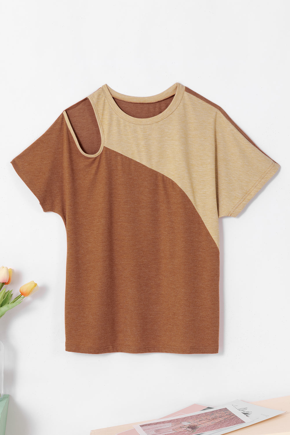 Asymmetric Cut Out Colourblock T Shirt | Brown