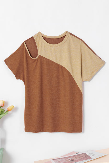 Asymmetric Cut Out Colourblock T Shirt | Brown