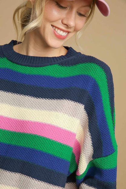 Rainbow Striped Crew Neck Drop Shoulder Sweater | Bright Green