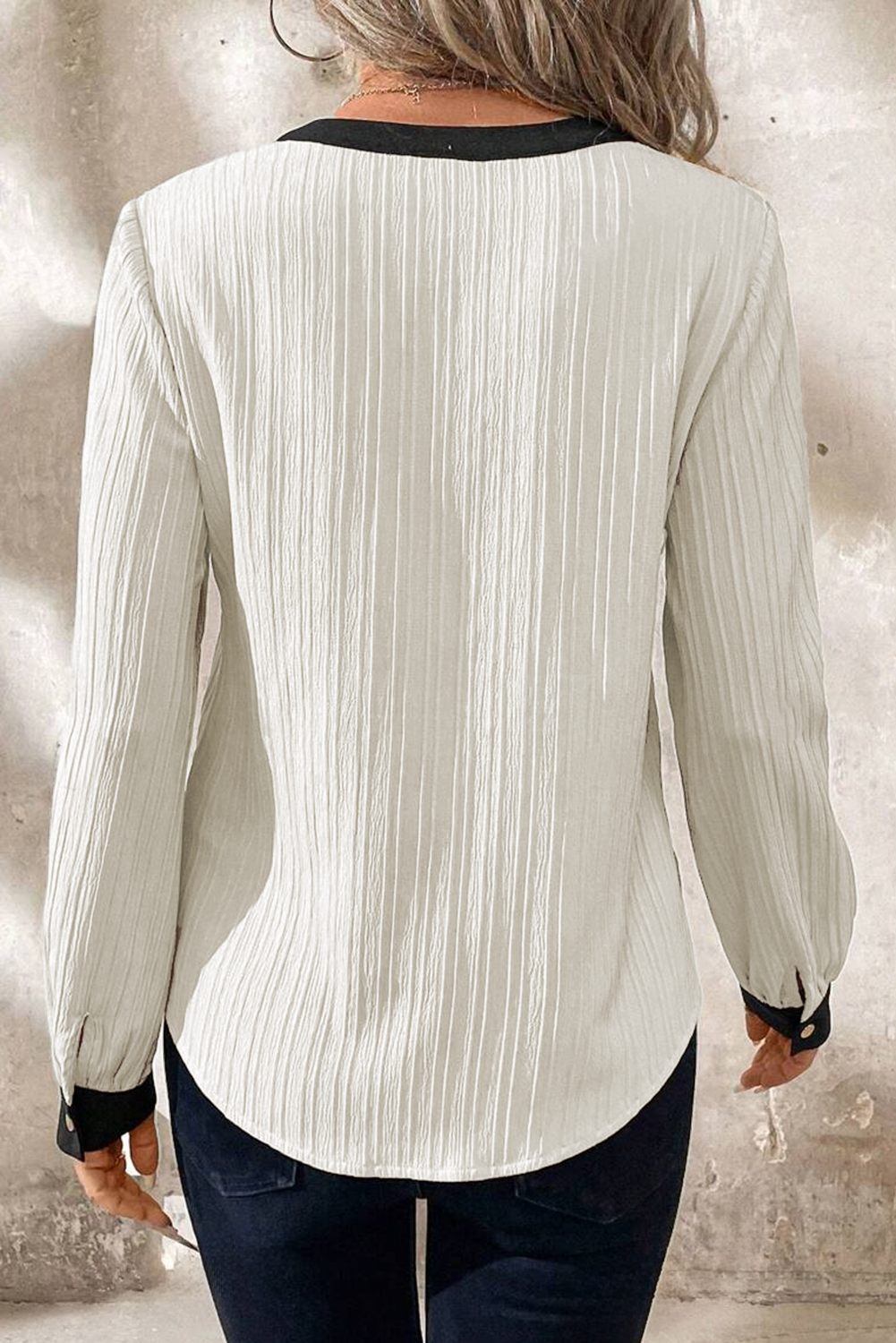 Textured Colourblock V Neck Elegant Blouse | White