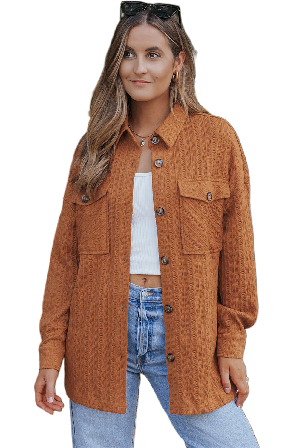 Textured Knit Oversize Flap Pocket Shacket | Orange