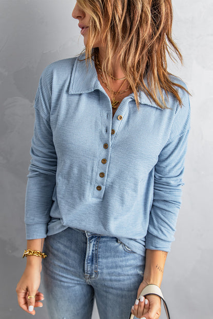 Button Front Turn-Down Neck Knit Top | Sky Blue