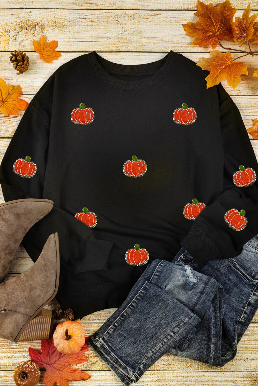 Halloween Pumpkin Graphic Drop Shoulder Sweatshirt | Black