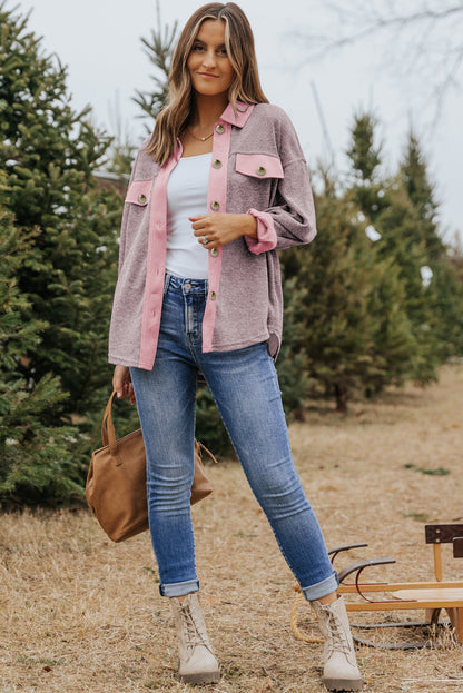 Contrast Trim Collared Casual Shacket | Pink