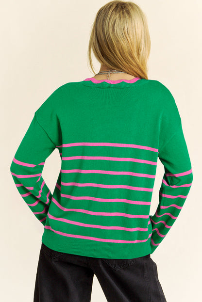 Ribbon Cute Bow Detail Sweater Knit Cardigan | Green Stripe