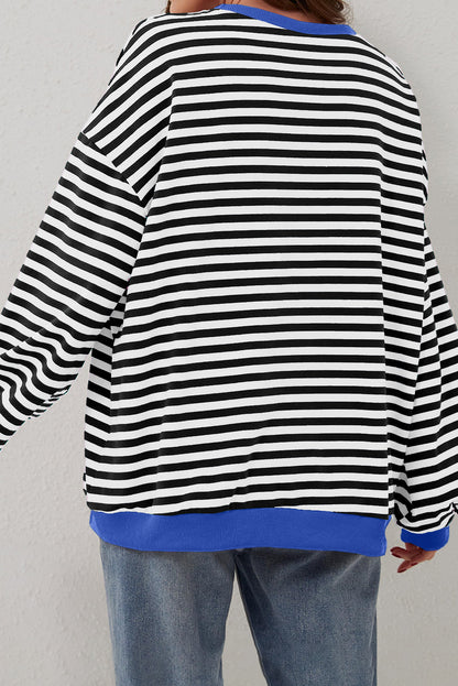 Oversized Contrast Trim Pullover Sweatshirt | Black Stripe